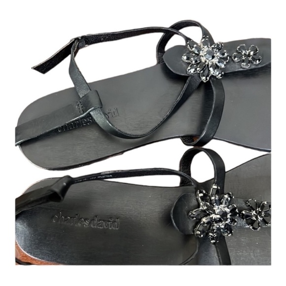 Charles David Black Embellished Jeweled Ankle Strap Flat Sandal Size 8 - Picture 5 of 11